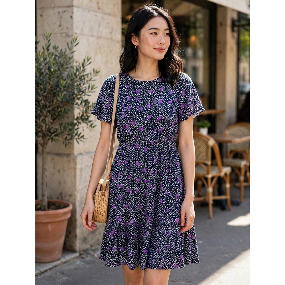 Maje Pensees Marine Parme Floral Mini Dress Navy Purple Size 38 MFPRO01659